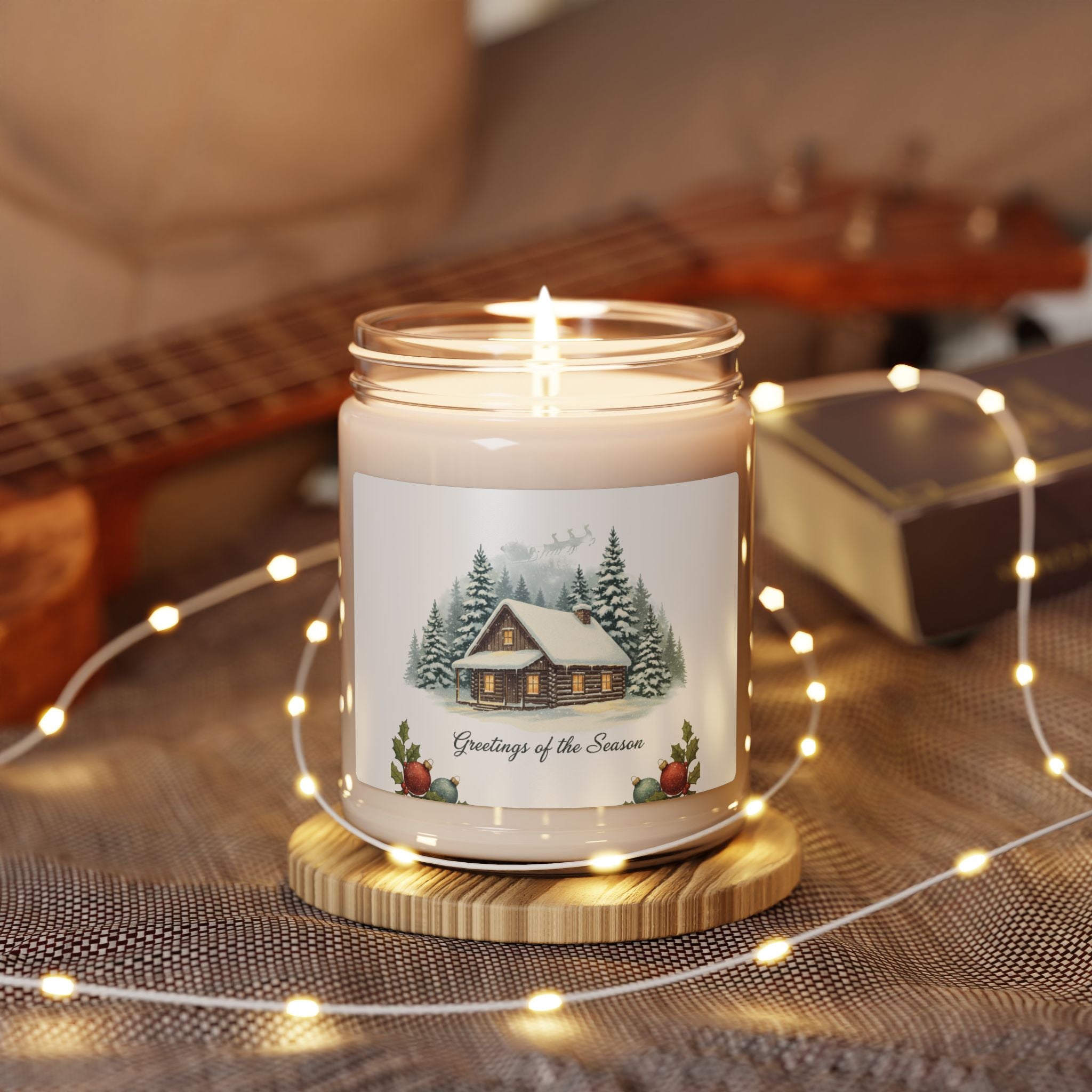 Vintage Christmas Postcard Candle, Soy Jar, Retro Holiday Card Design