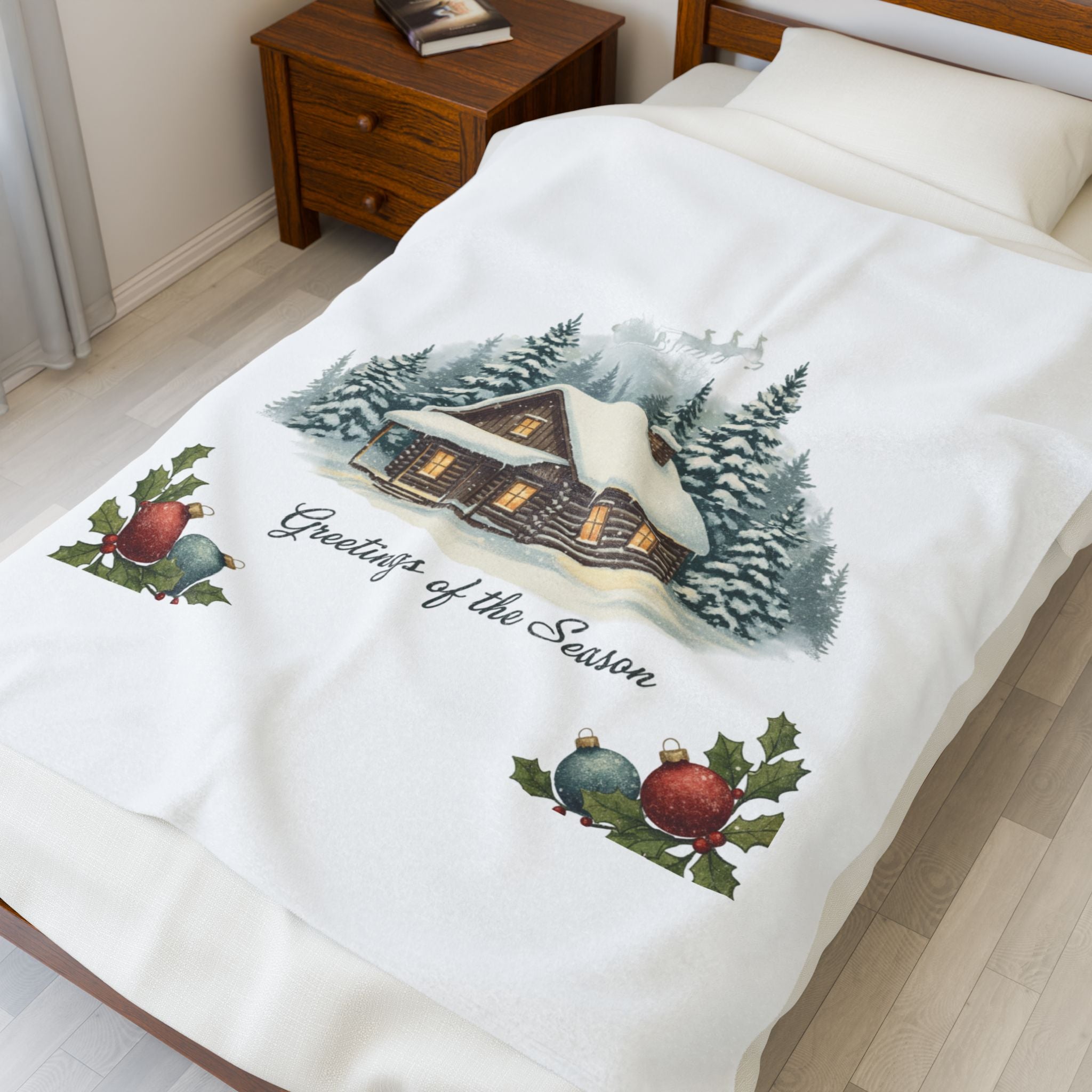 Vintage Christmas Postcard Cabin Blanket | retro holiday card design
