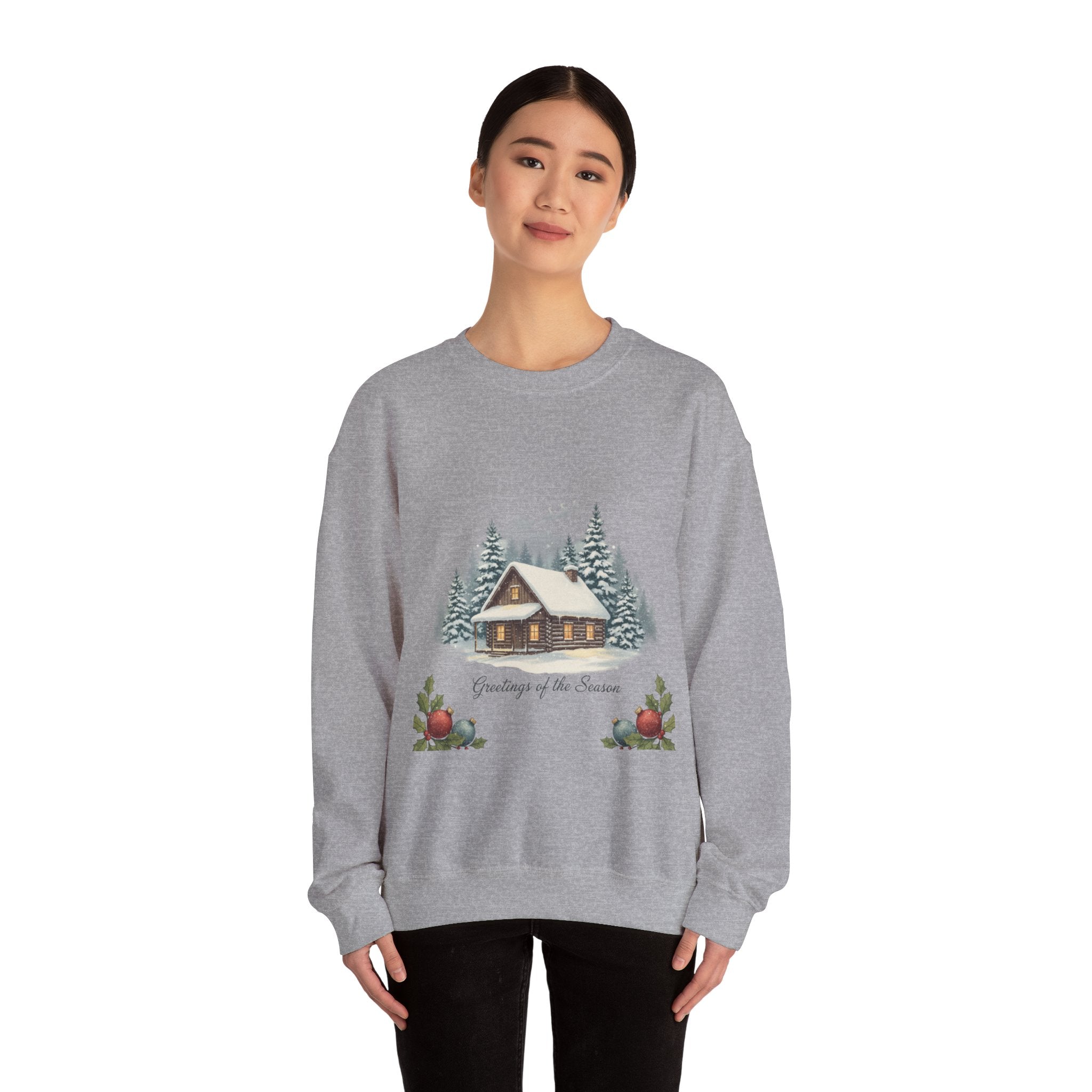 Vintage Christmas Postcard Cabin Sweatshirt | retro holiday card design, sepia holiday