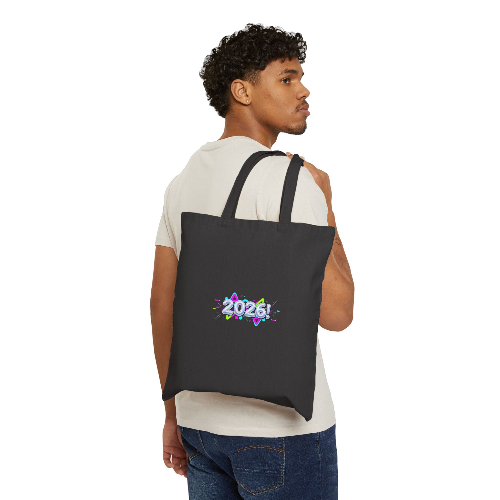 Y2K Cyber Holo '2026' Canvas Tote | retro tech print, chrome text