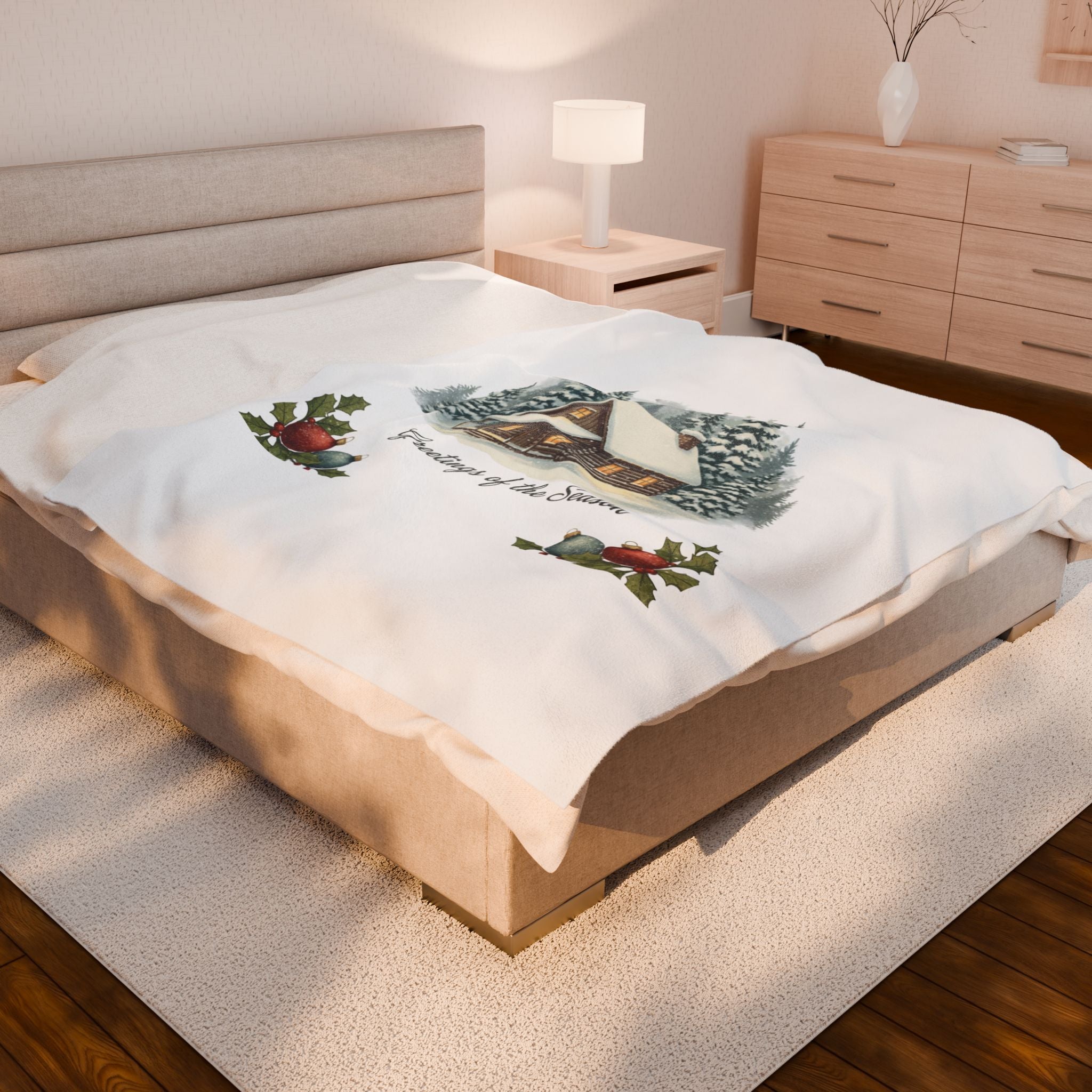 Vintage Christmas Postcard Cabin Blanket | retro holiday card design