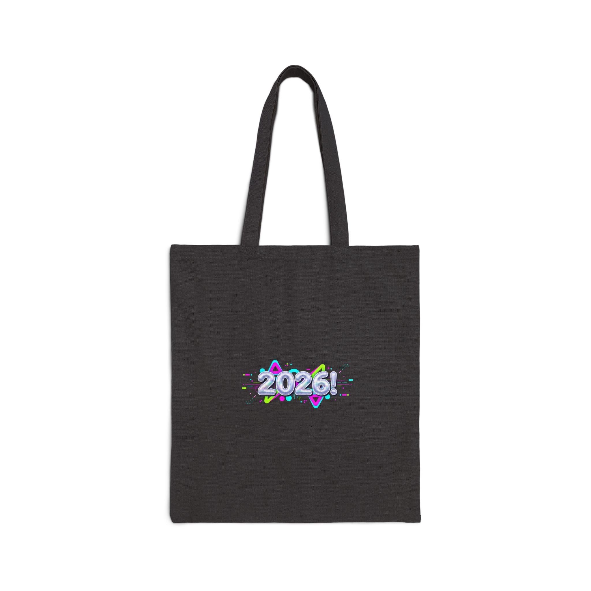 Y2K Cyber Holo '2026' Canvas Tote | retro tech print, chrome text