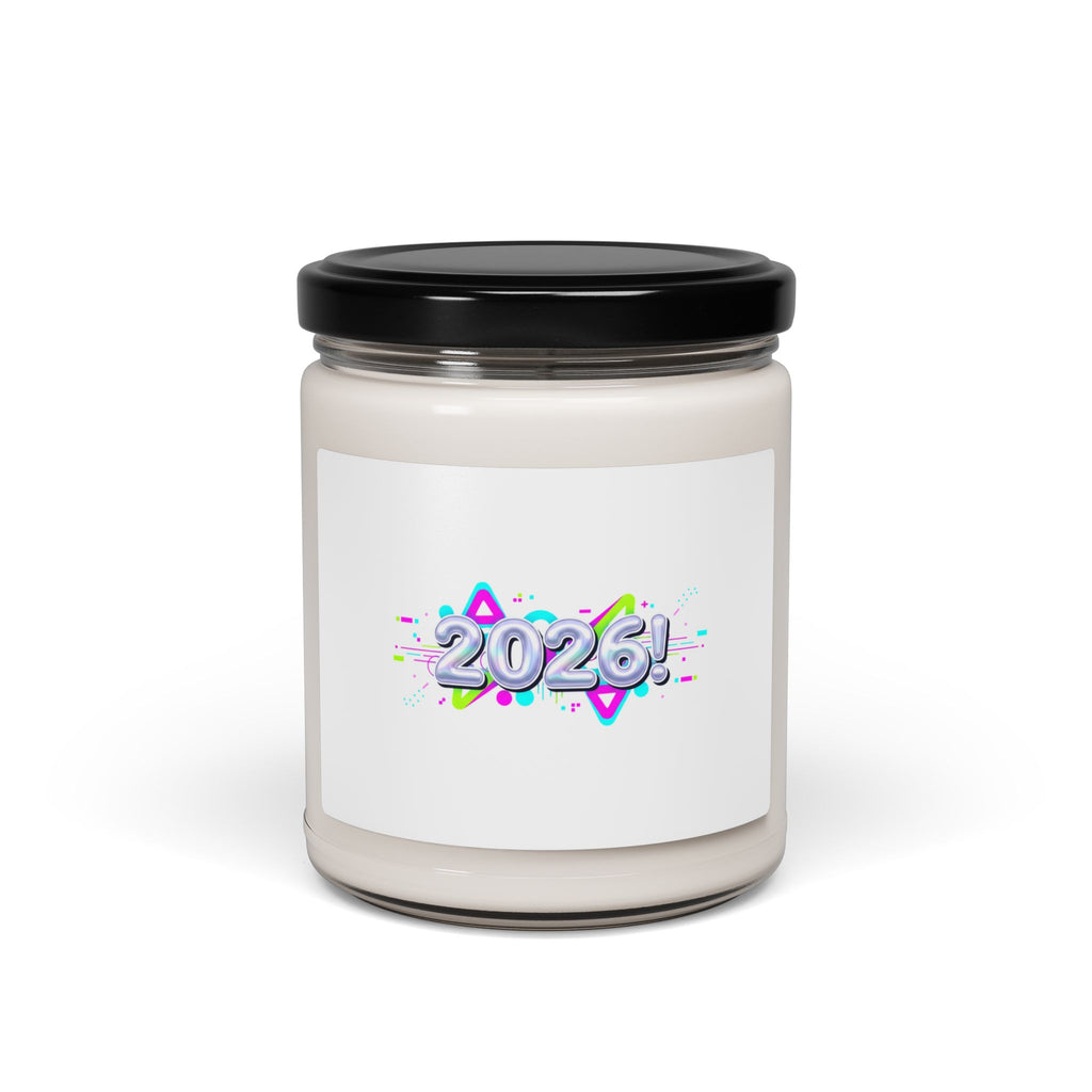 Y2K Cyber Holo 2026 Candle, Soy Jar, Chrome Text Retro Tech