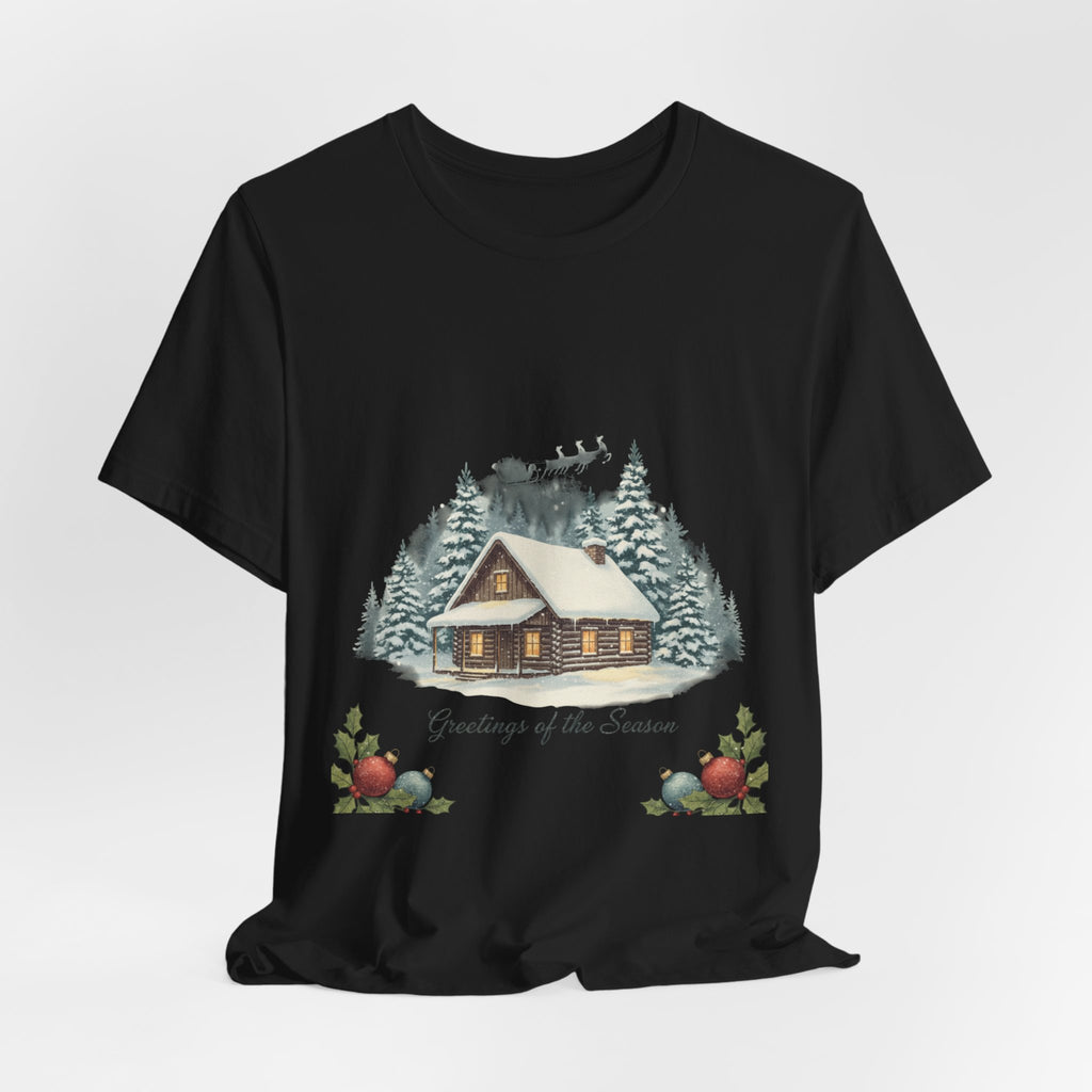 Vintage Christmas Postcard Cabin Tee | Retro Holiday Card Design