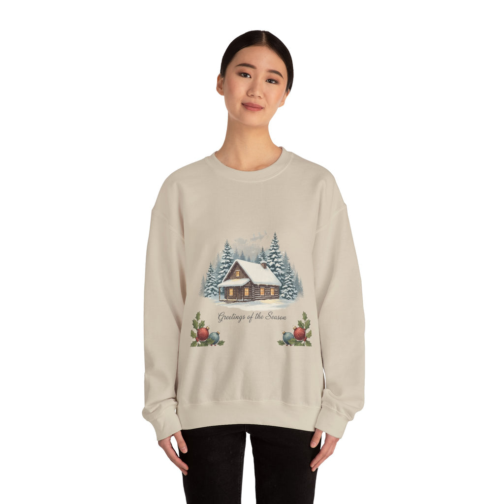 Vintage Christmas Postcard Cabin Sweatshirt | retro holiday card design, sepia holiday
