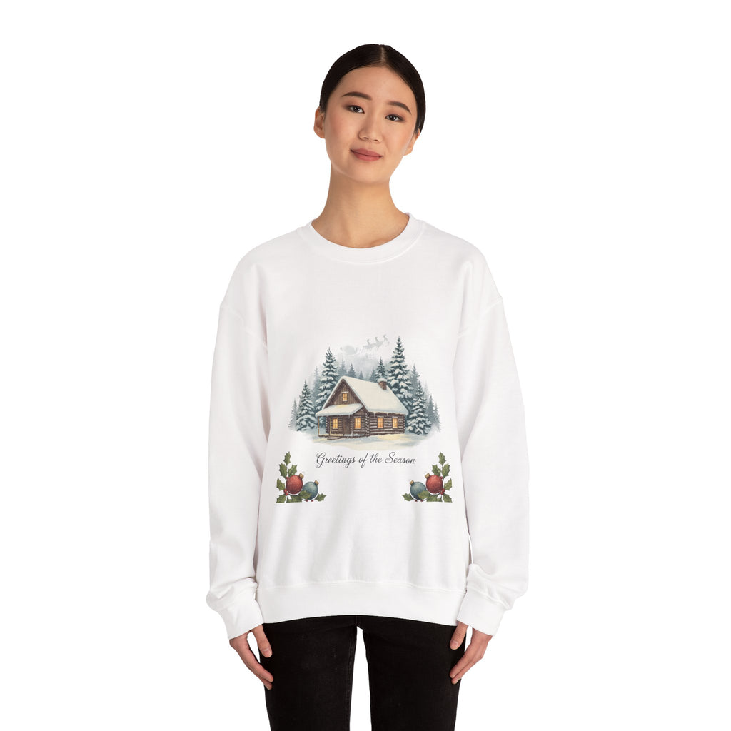Vintage Christmas Postcard Cabin Sweatshirt | retro holiday card design, sepia holiday
